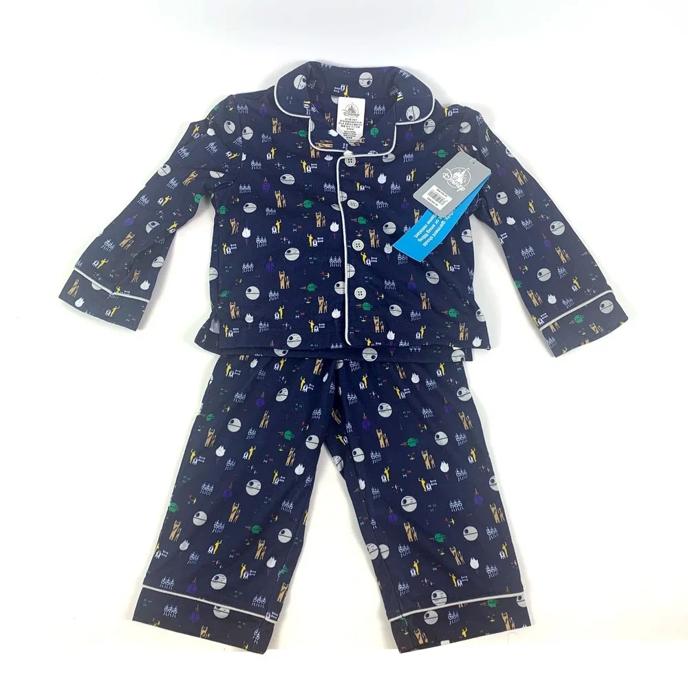 Disney Store Star Wars Pajama Set Kids Sz 2 Blue Death Star Falcon Droids Chewie